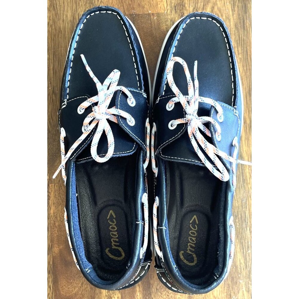 Cmaoc Leather Boat Shoes Mens 10.5-11 Black Loafer Colorful Laces White Sole